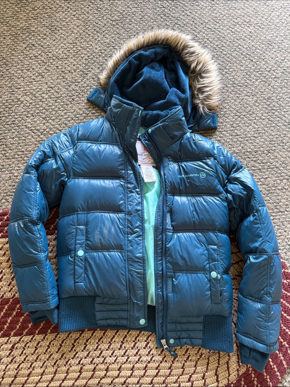 Free Country Teal Blue Kids Puffer Jacket with Faux-Fur Trim Hood